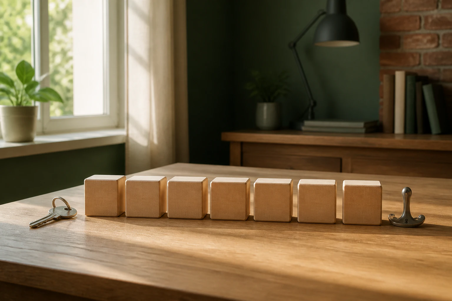 Sieben unbeschriftete Holzsteine und ein Schlüssel als Symbol für Verkaufsphasen
