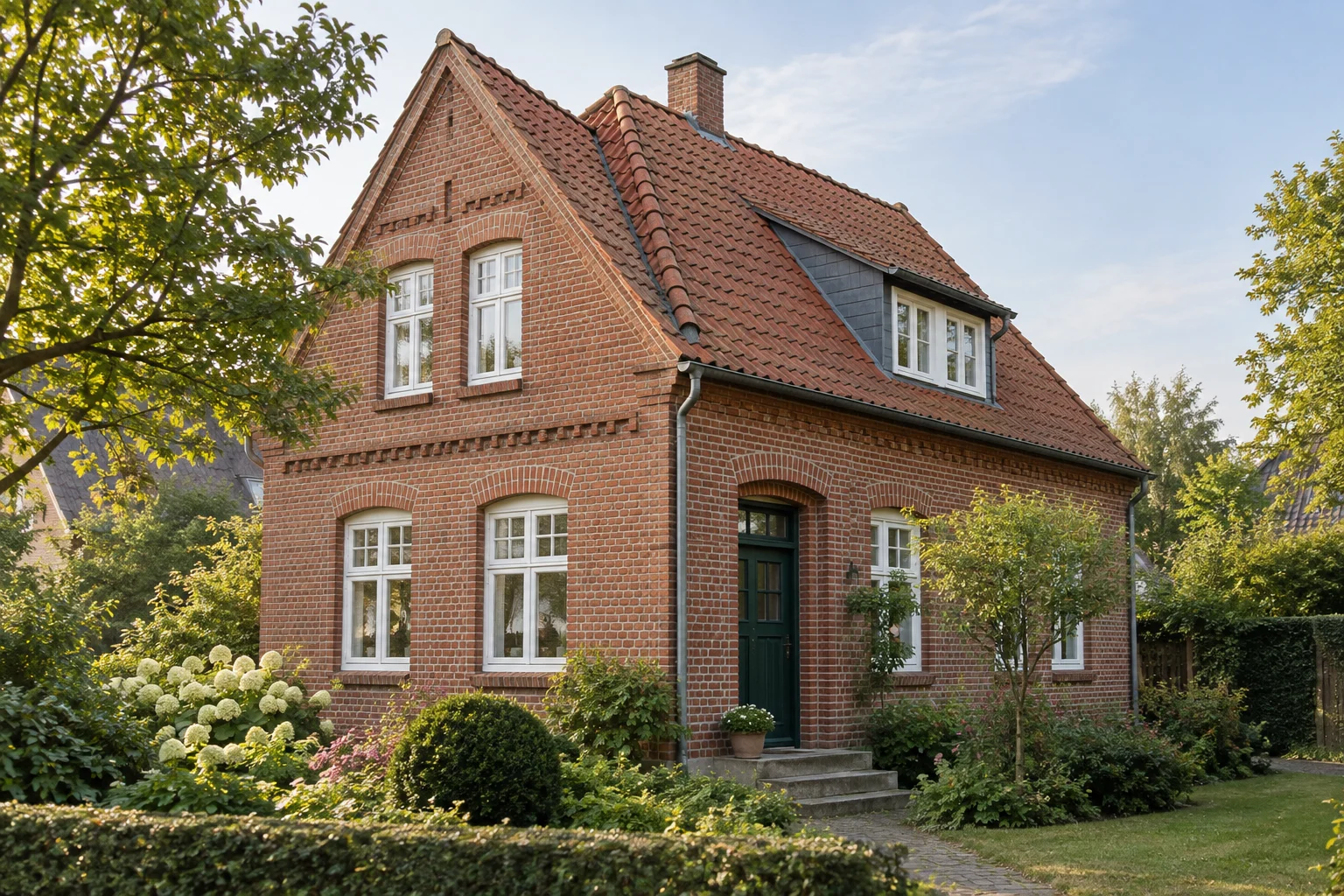 Historisches Backsteinhaus mit sorgfältig ausgearbeiteten Fenstern, Eingangstür und einem kleinen gepflegten Vorgarten.
