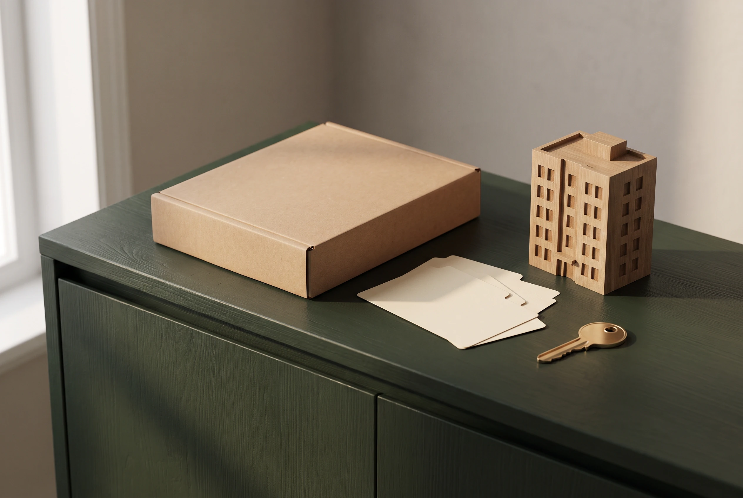 Archivbox, unbeschriftete Karten, neutrales Wohnungsmodell und Schlüssel als Symbol für WEG-Unterlagen