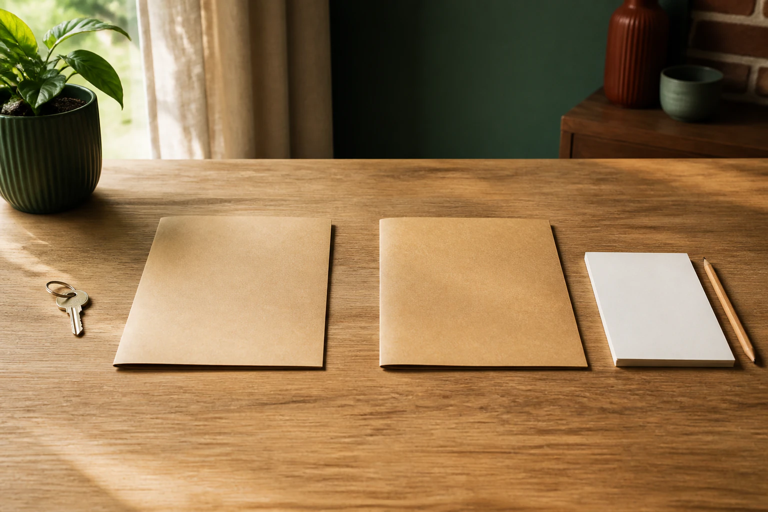 Zwei unbeschriftete Mappen und ein Schlüssel als Symbol für den Vergleich zweier Verkaufswege