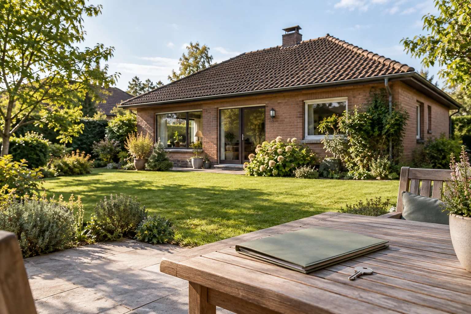 Gepflegtes Wohnhaus mit Garten und Terrasse; auf einem Gartentisch liegen eine geschlossene Mappe und ein Hausschlüssel.