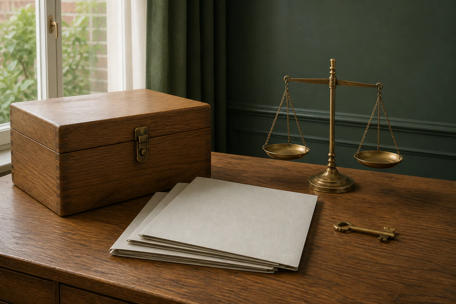 Archivbox, unbeschriftete Unterlagen, Waage und Schlüssel als Symbol für die Prüfung eines Mehrfamilienhauses
